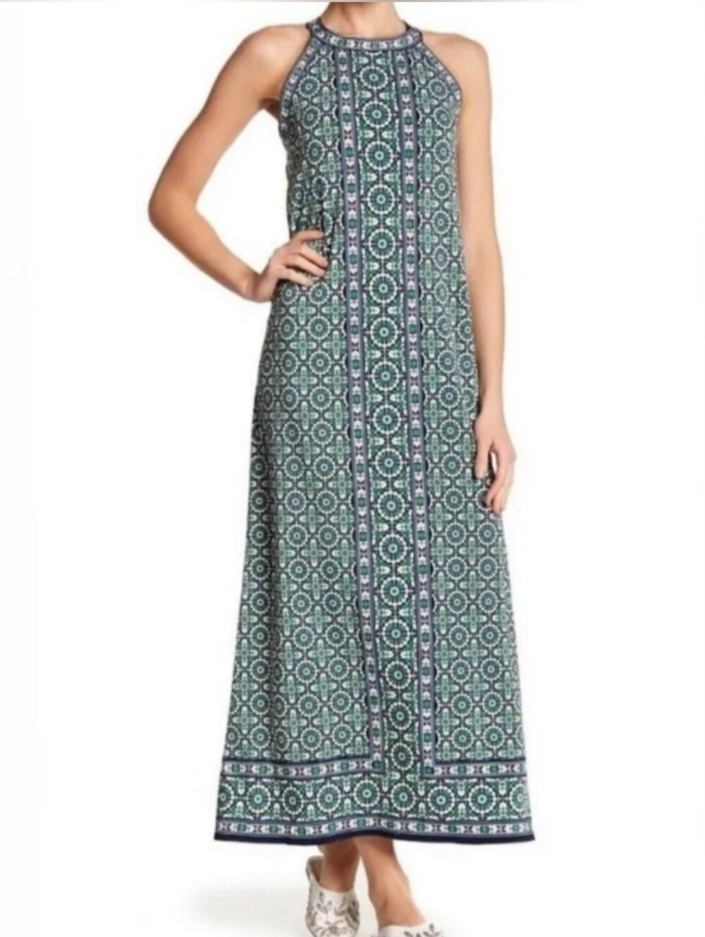 Max Studio Green Patterned Halter-Neck Maxi Dress with Navy Trim Size XL NWT